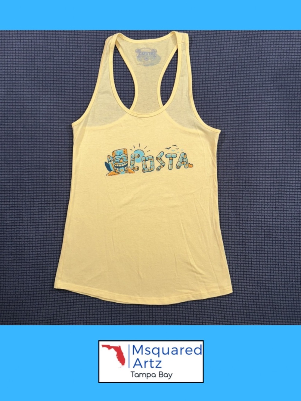 Costa Del Mar Yellow Racerback Tank Top Womens Medium Beach Graphic Logo